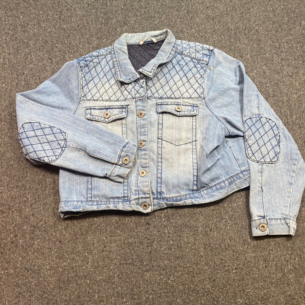 Highway Jeans Denim Jacket Sz XL Womens Light Wash Boho Quilted Yoke Elbow Patch